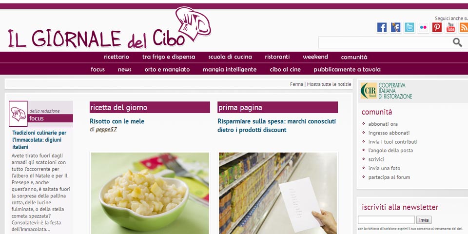 immagine dell'home page del sito internet il giornale del cibo